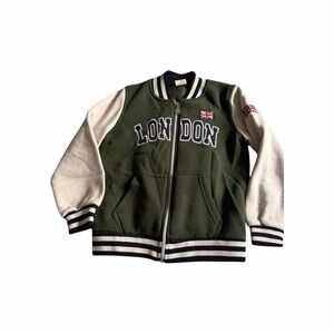 McAli  London Varsity Jacket Boys 9-10 Olive Green/cream Zip Union Jack Patch